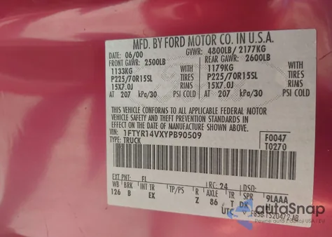 2000 Ford Ranger Super Cab из США, поврежденный, VIN 1FTYR14VXYPB90509